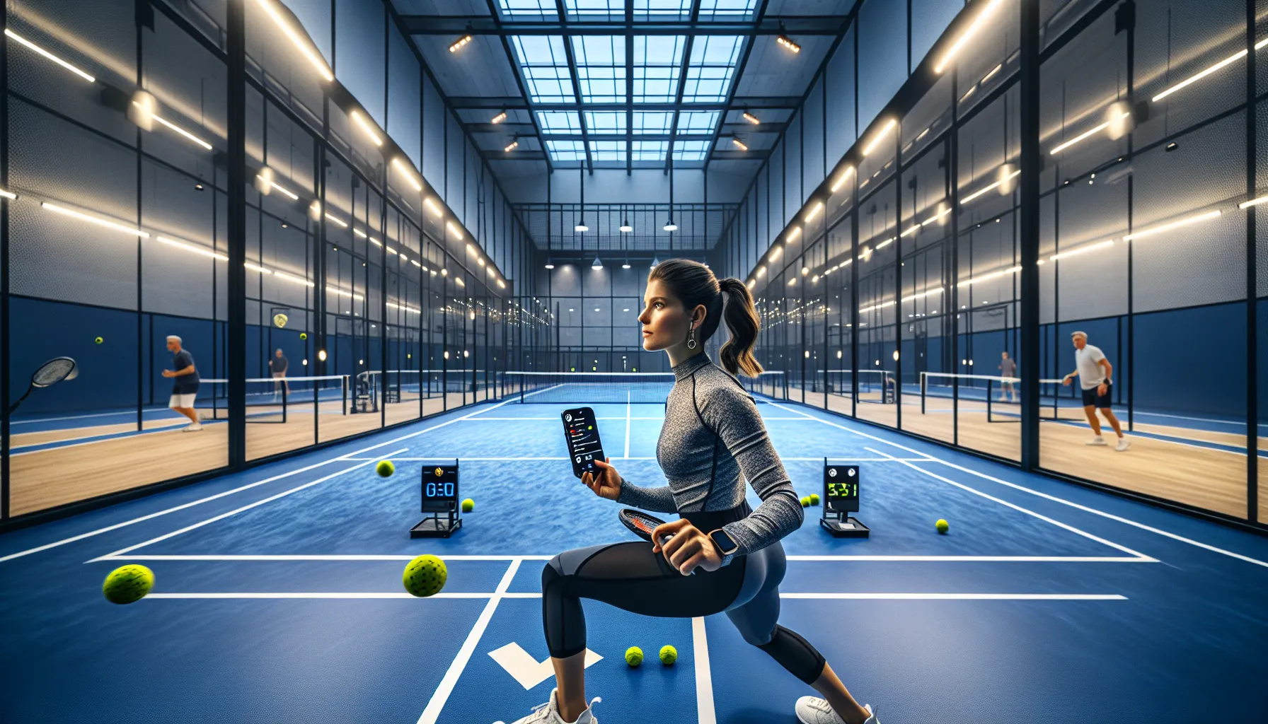 Recreational padel player serves while partner records test results on a phone.