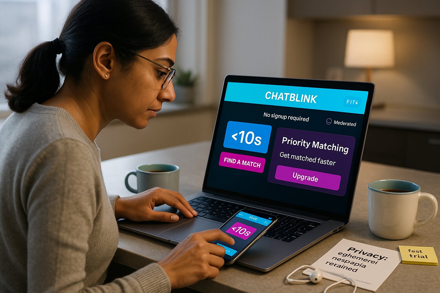 User at kitchen island using ChatBlink-like app with countdown and premium pop-up.