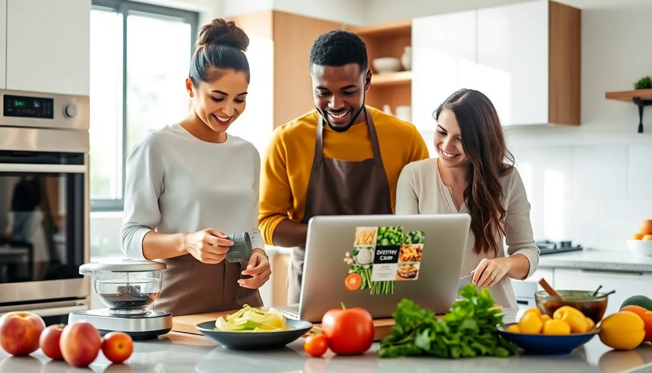 diverse group cooking healthy meals in a modern kitchen setting.