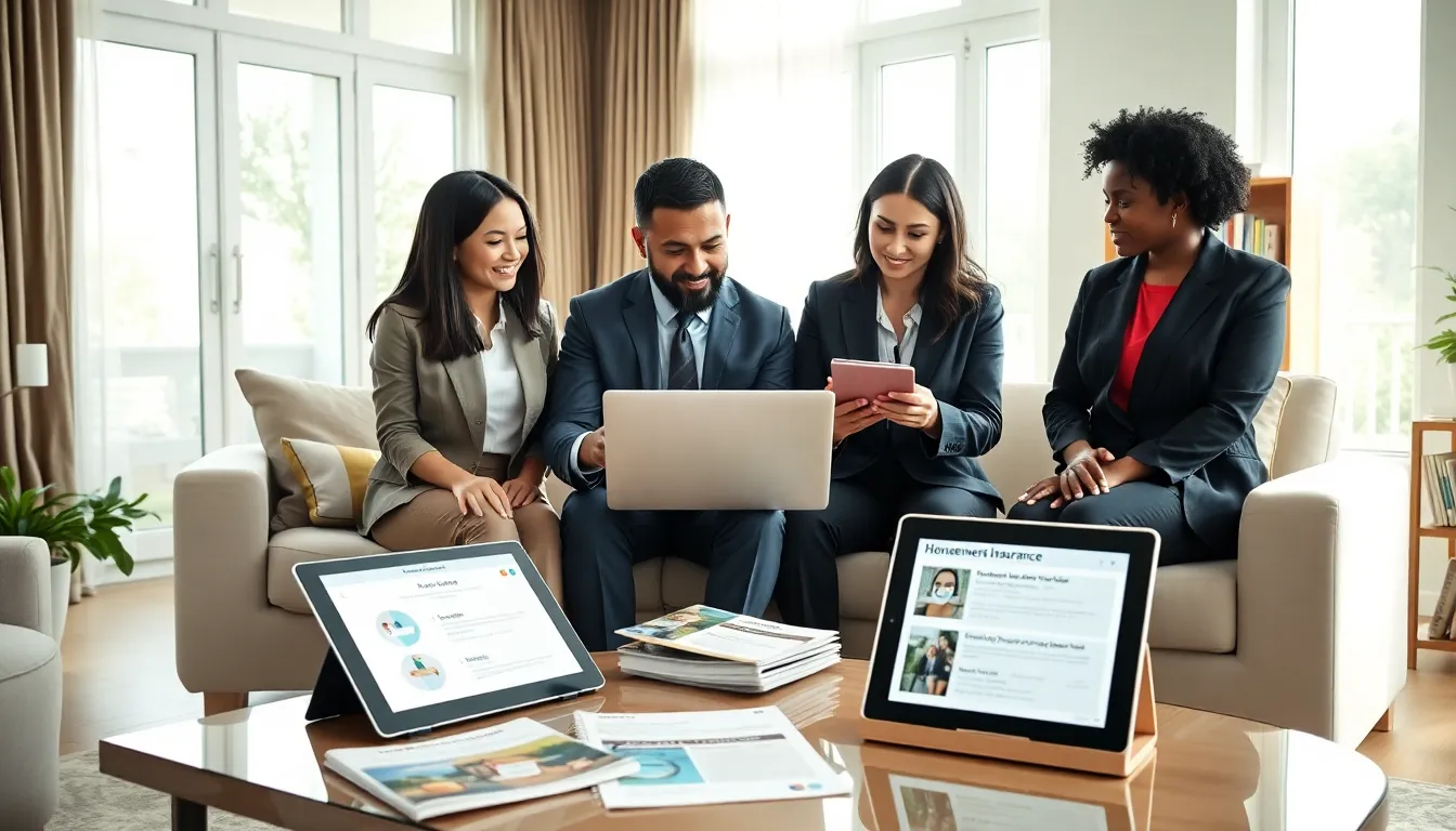 diverse team discussing homeowners insurance in a modern office.