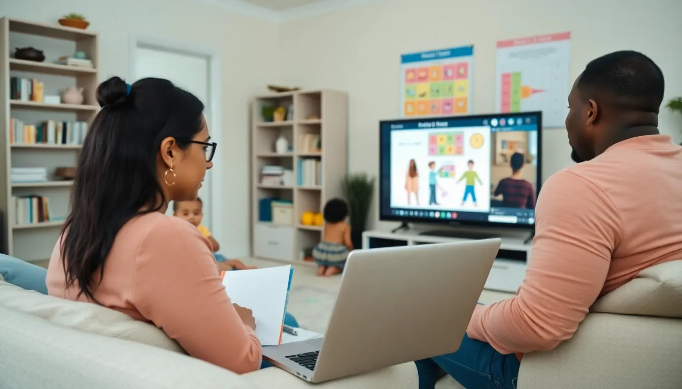 Parents in a cozy living room attending an online parenting class.