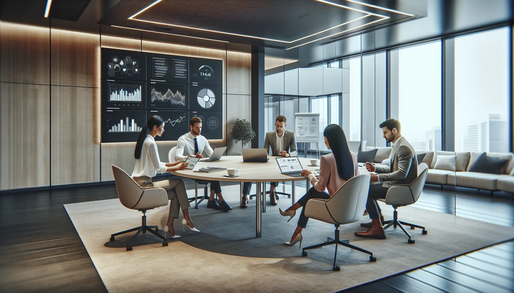 diverse professionals discussing data in a modern conference room.