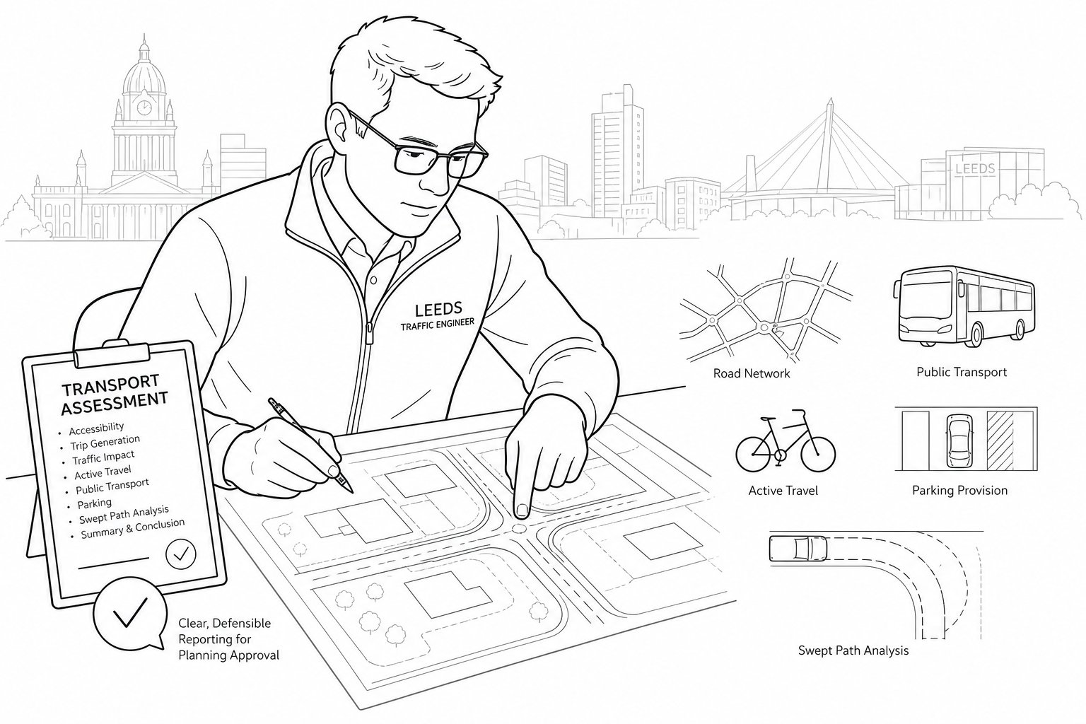Traffic engineer reviewing a Leeds site plan with transport symbols.