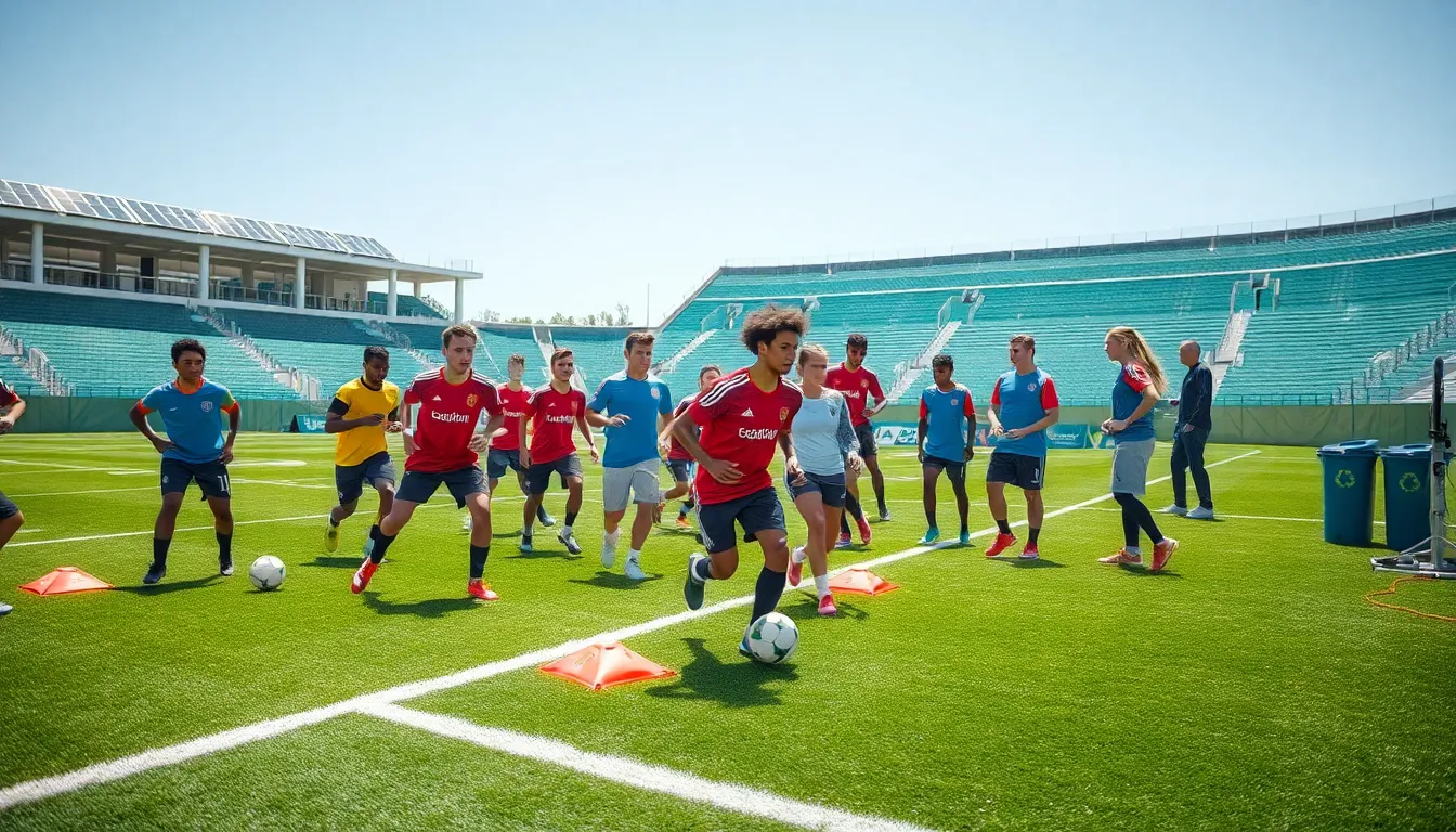 diverse youth football team practicing with modern training equipment.