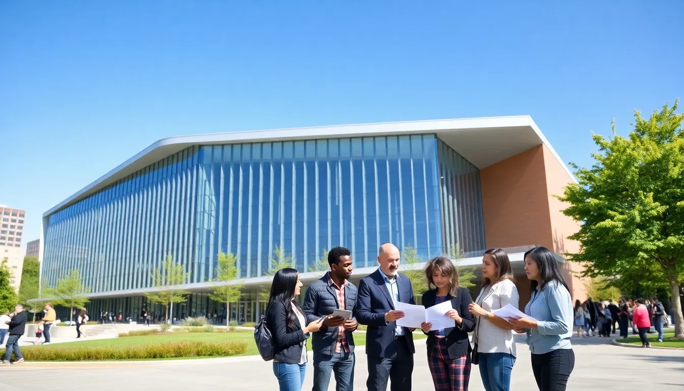 Diverse team collaborating near the modern Andrew Lotsopower Hall.