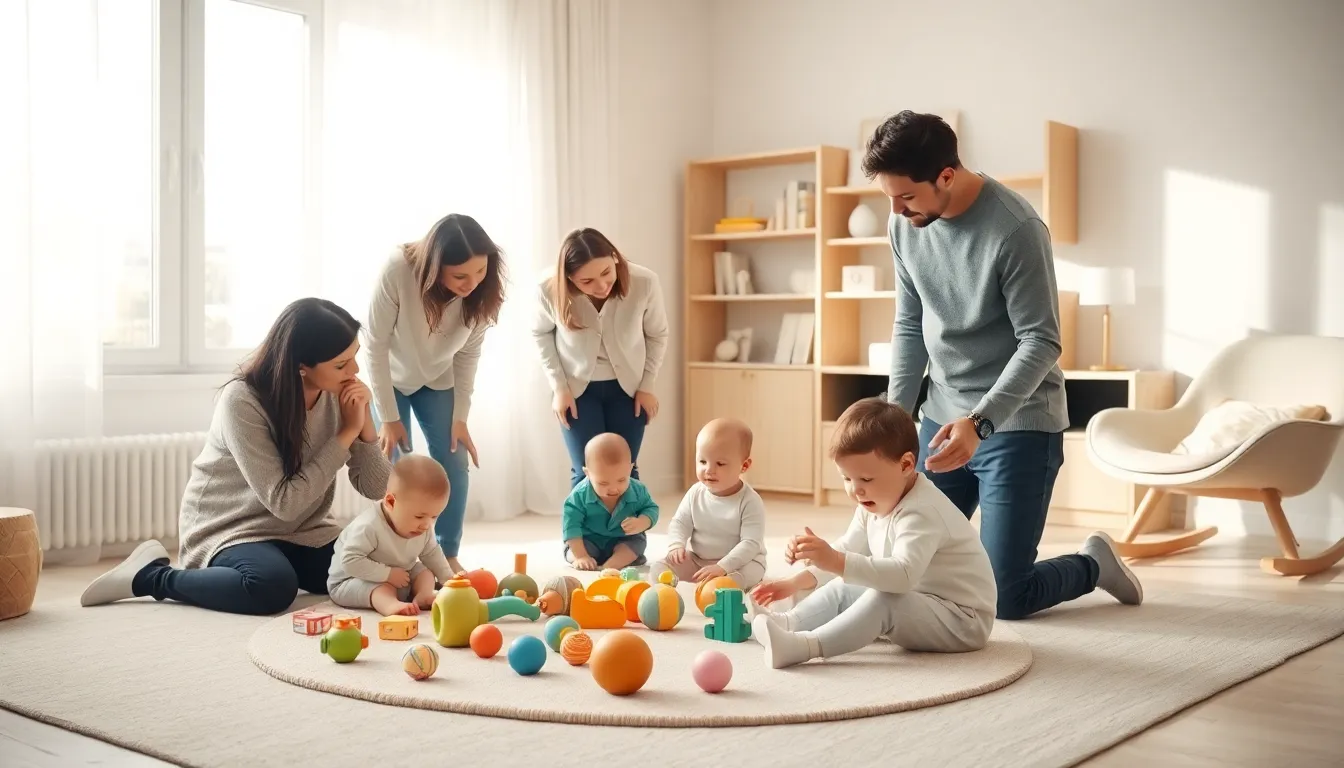 parents supporting infants in a calm, modern nursery setting.