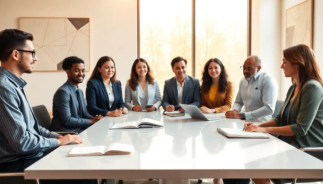 diverse professionals collaborating in a modern office setting.