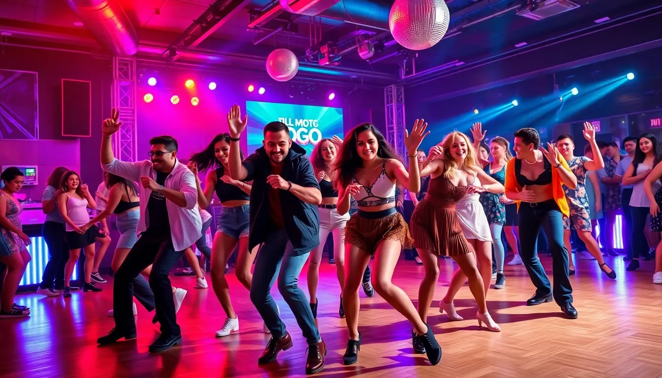 diverse dancers enjoying a lively shuffle dance at a nightclub.