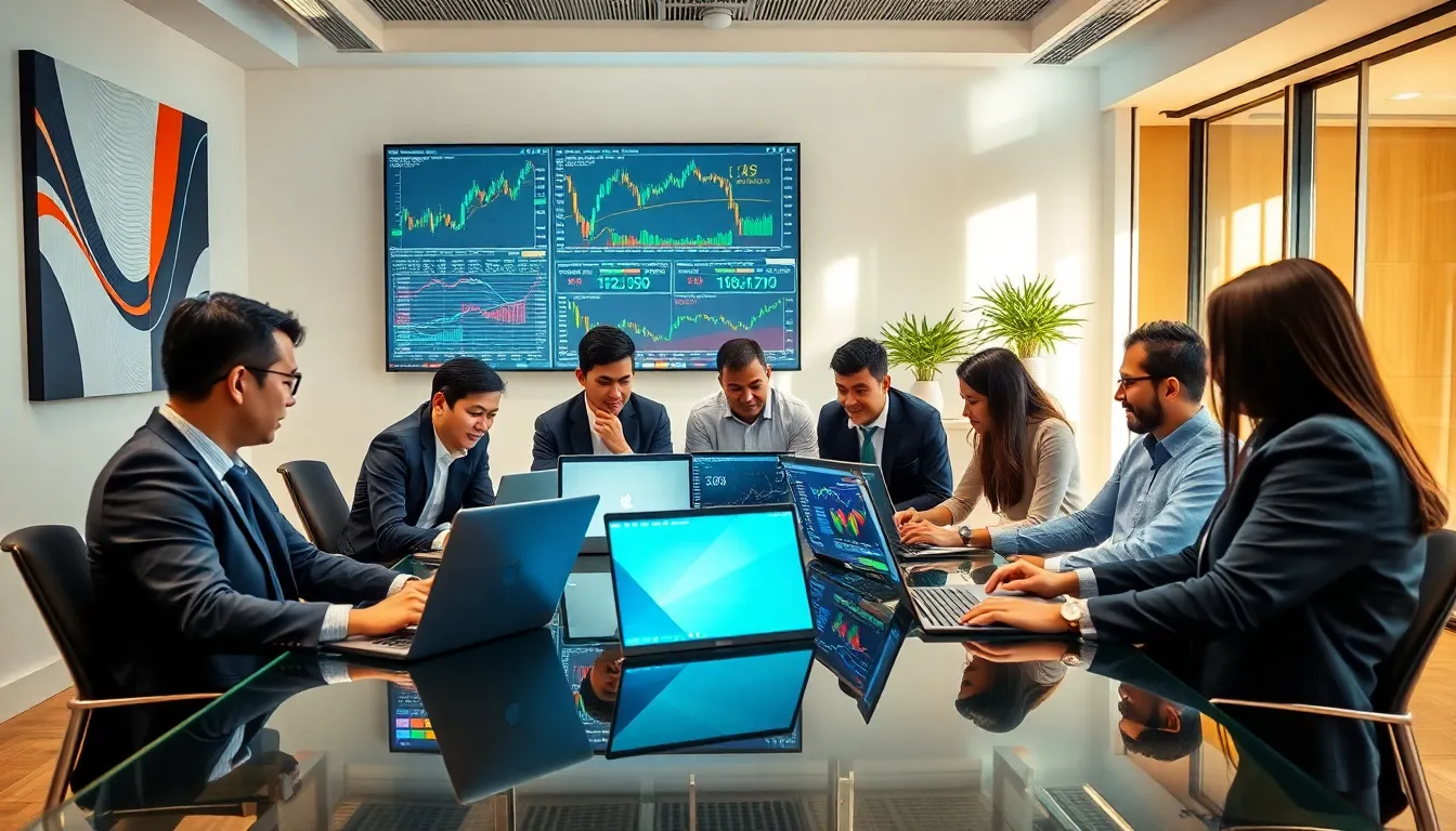 diverse professionals collaborating on trading software in a modern office.
