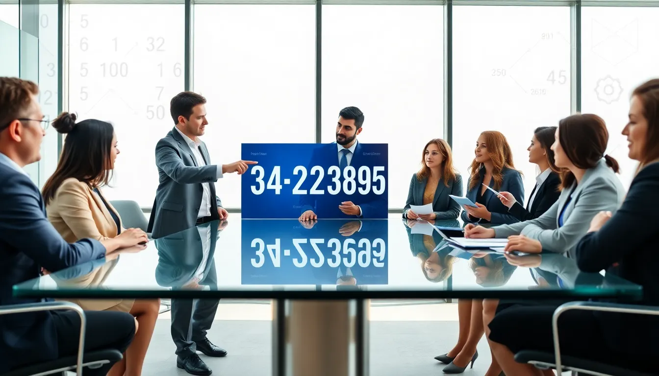 diverse team analyzing the significance of the number 3421238295 in a modern office.