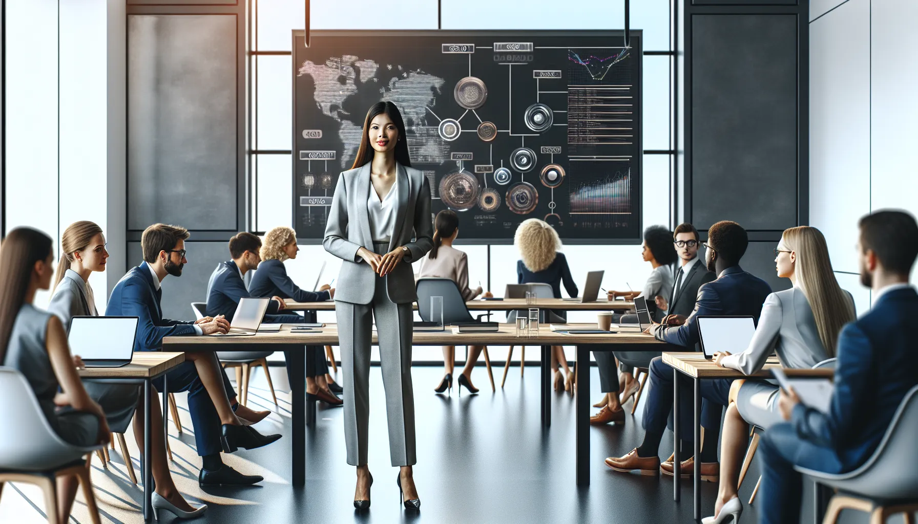 diverse professionals discussing the history of Sgvdebs in a modern seminar room.