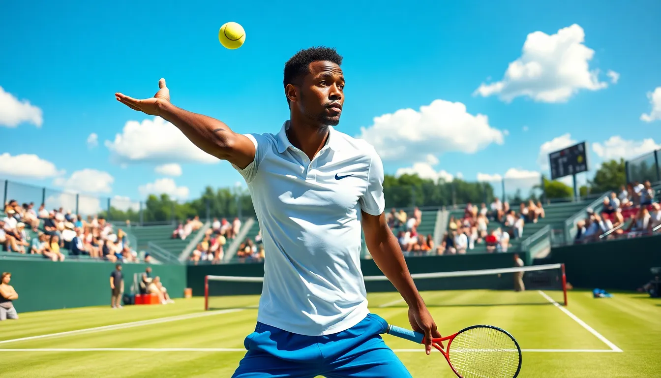 a professional male tennis player serving on a sunny grass court.