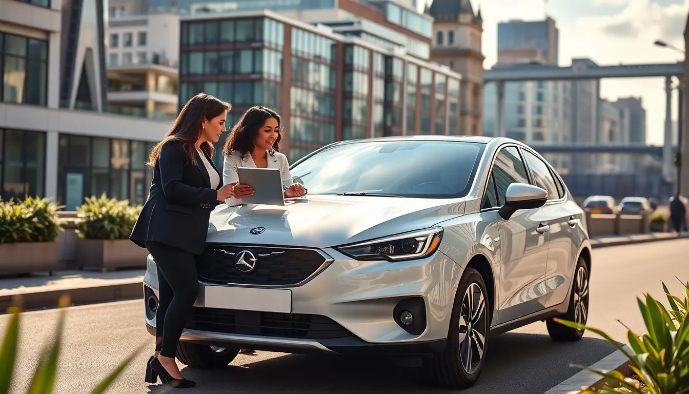 diverse professionals examining a clean car near Central London landmarks.