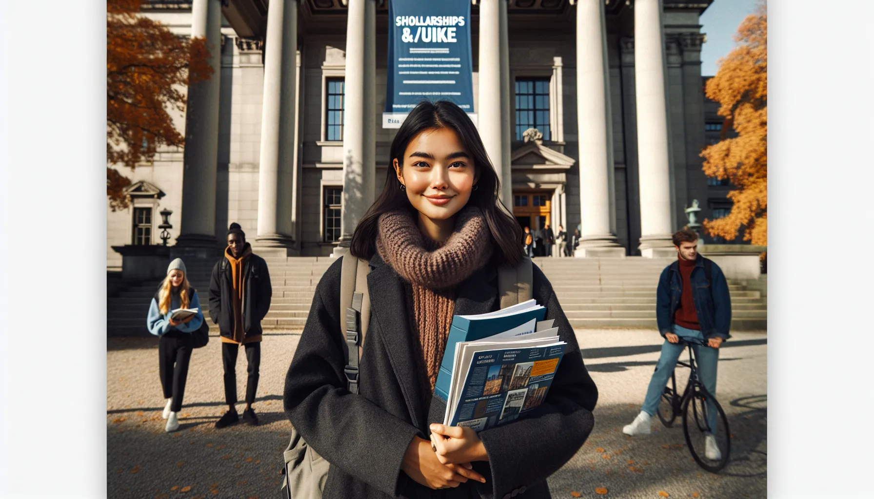 International students at university of oslo steps with brochures and job flyer.