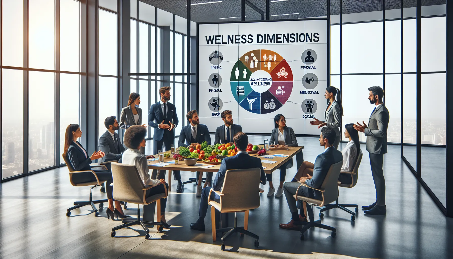 diverse team discussing wellness strategies in a modern office