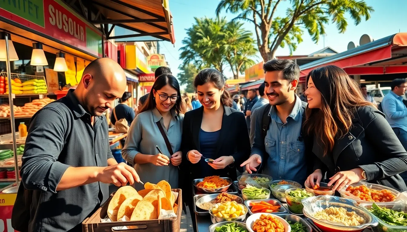 diverse travelers enjoying street food in a lively outdoor market.