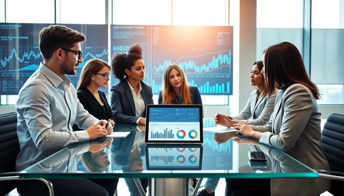 diverse team analyzing data in a modern office setting.
