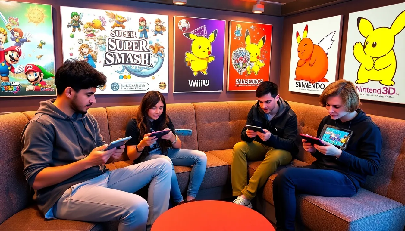 friends playing Super Smash Bros. in a vibrant gaming lounge.
