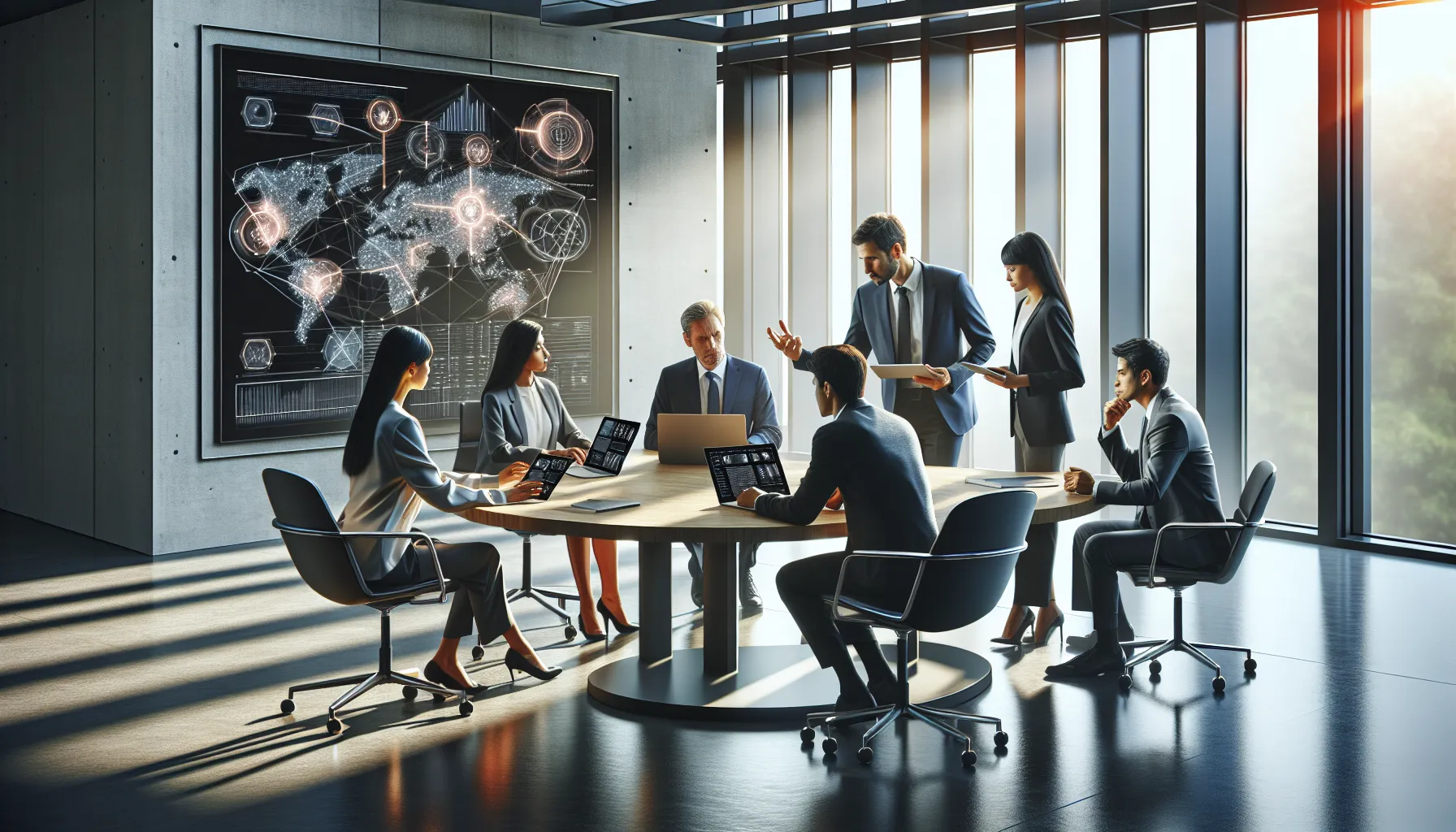 diverse team discussing technology in a modern office.