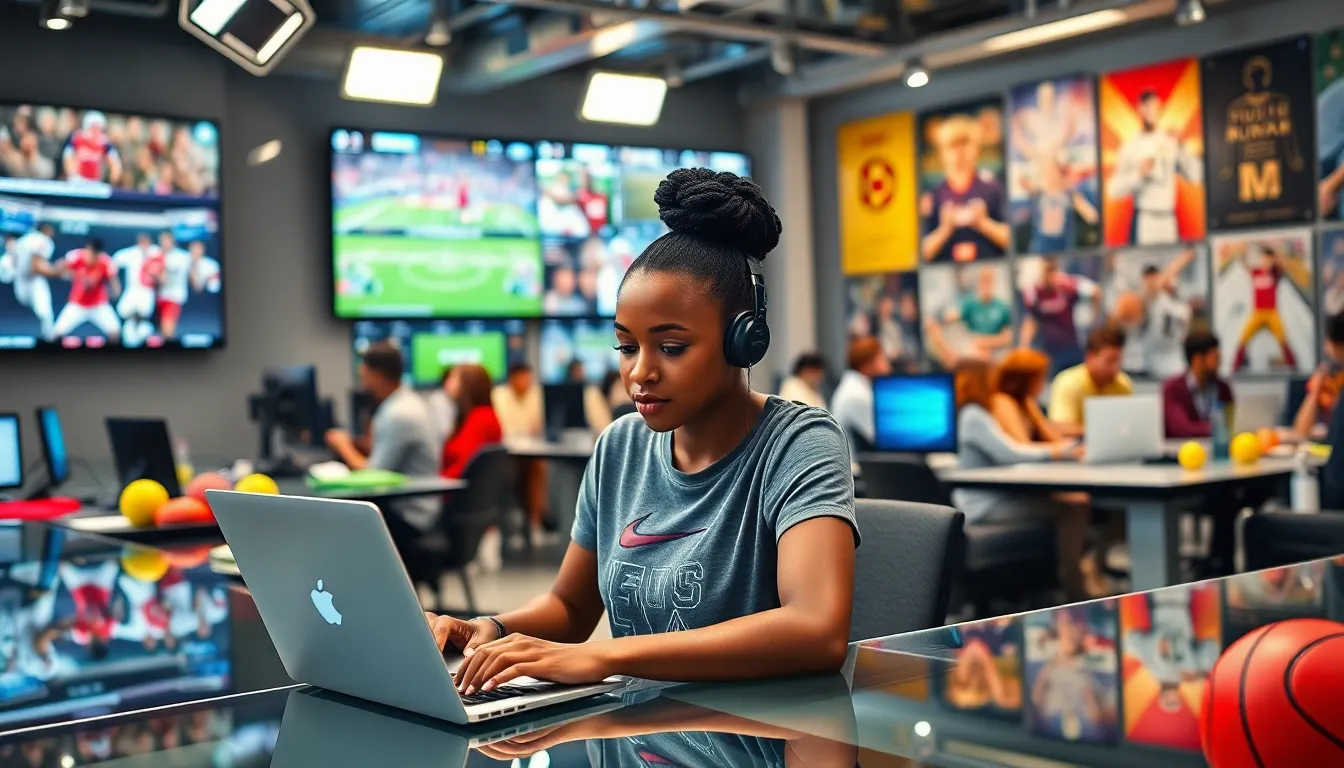 A journalist focused on reporting sports news in a vibrant newsroom.