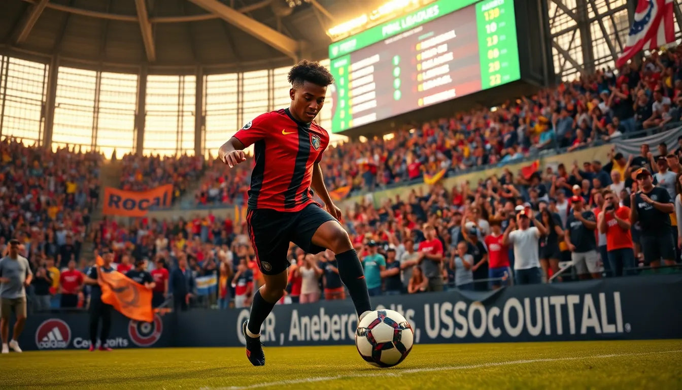 A young football player dribbling a ball in a packed U.S. stadium.
