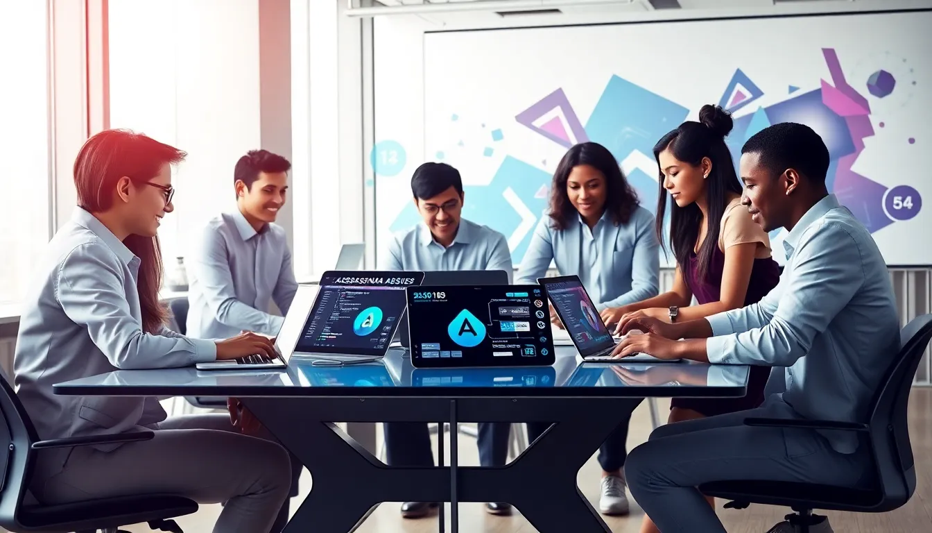 diverse team collaborating on the Assassina55 platform in a modern office.