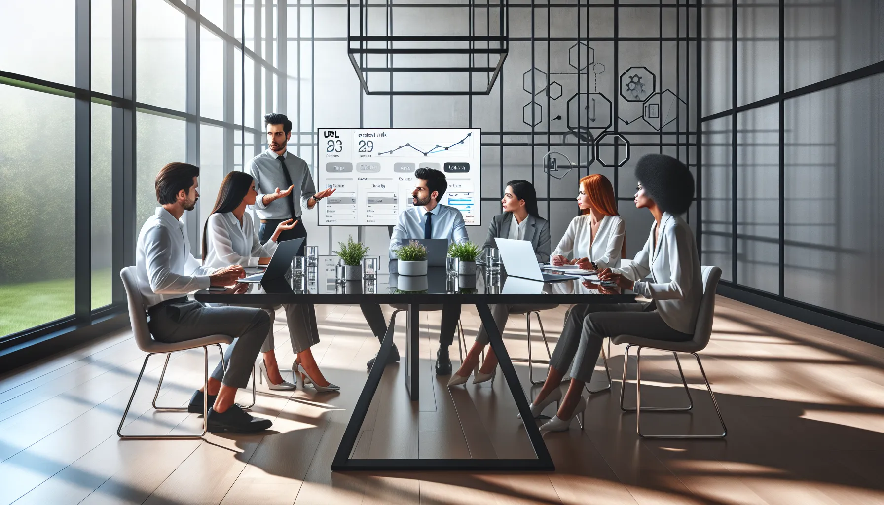 diverse team discussing URL shortening strategies in a modern office.