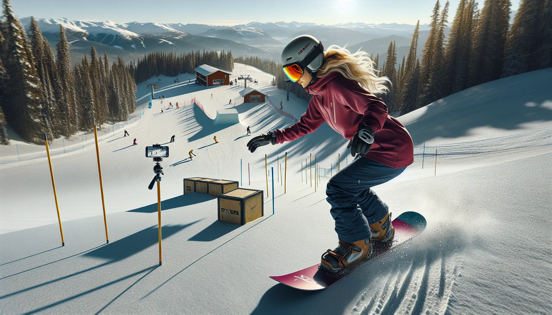 Norwegian snowboarder carving with drill markers, park jump, and freeride lines nearby.