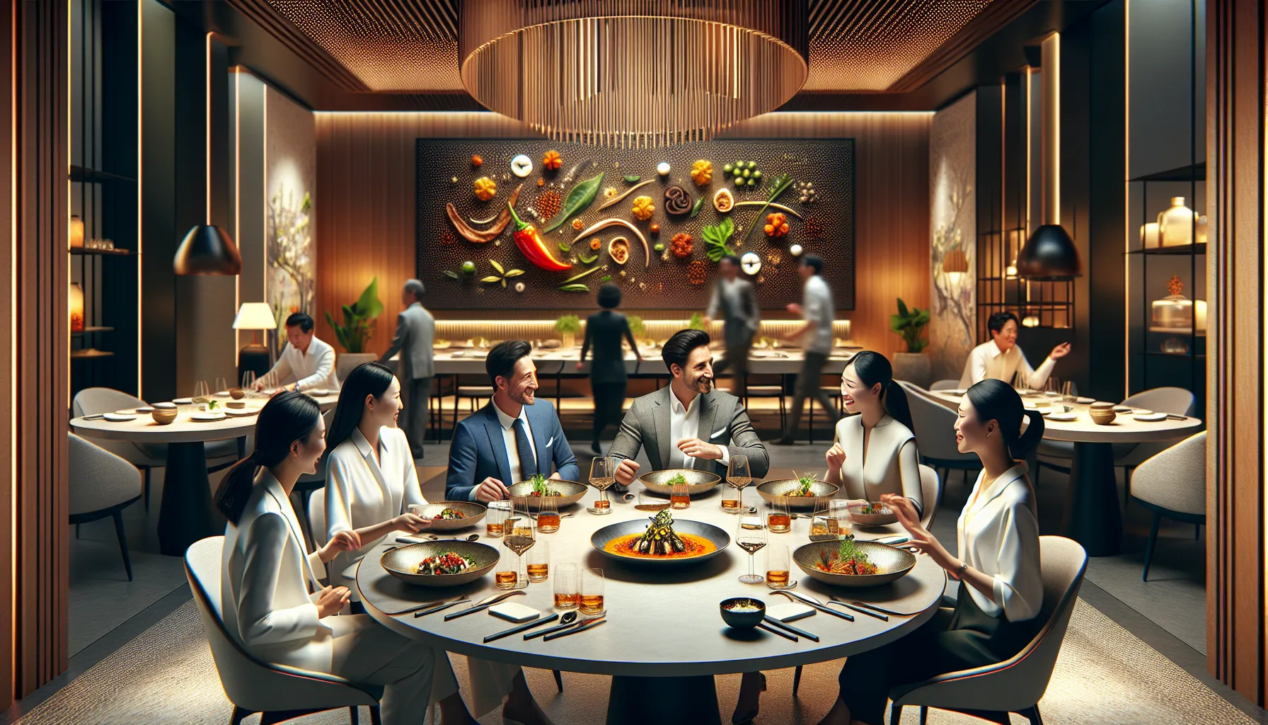 dining setup featuring diverse people enjoying xoxtinad dishes.