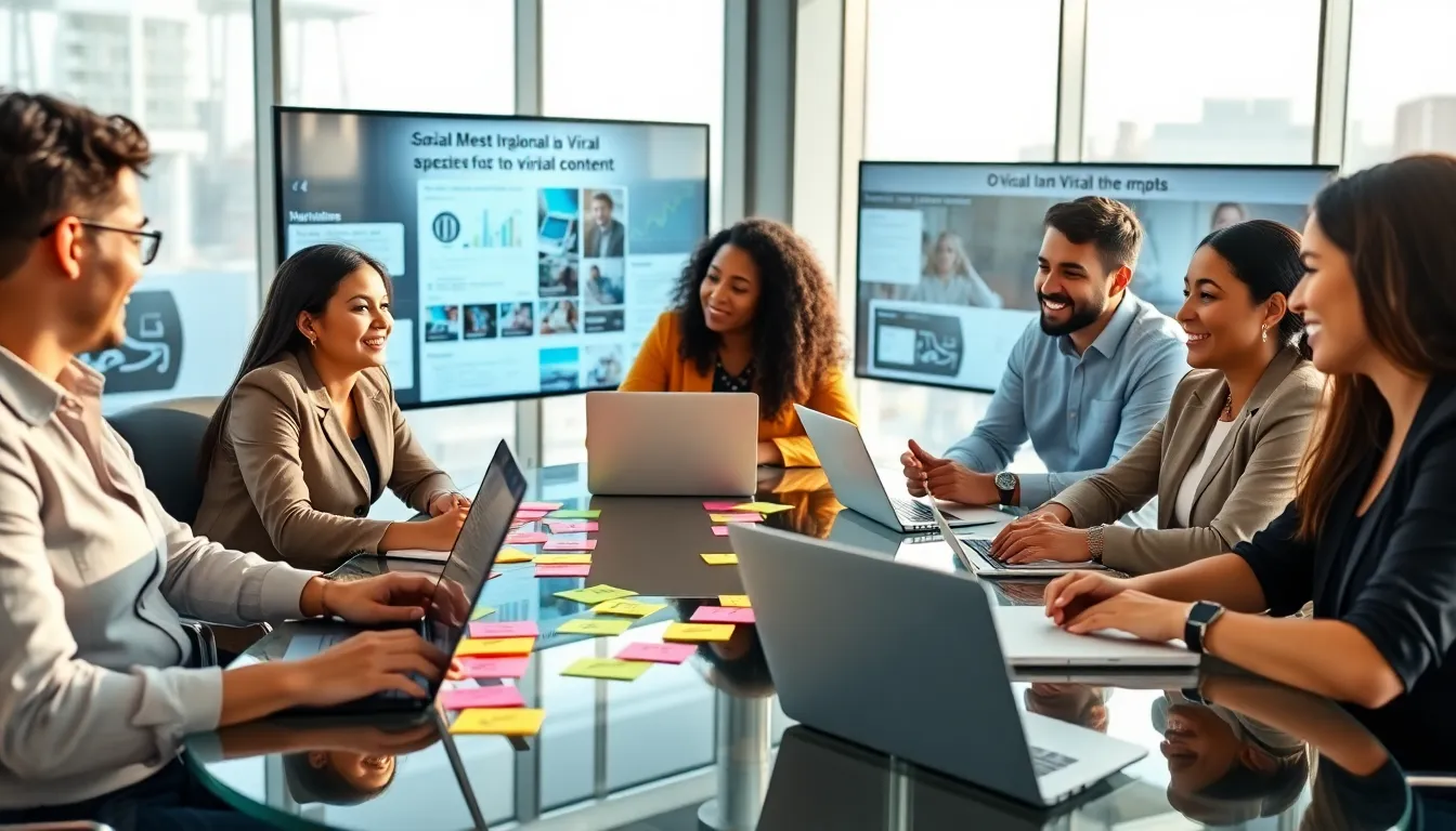 diverse team brainstorming viral marketing strategies in a modern office.