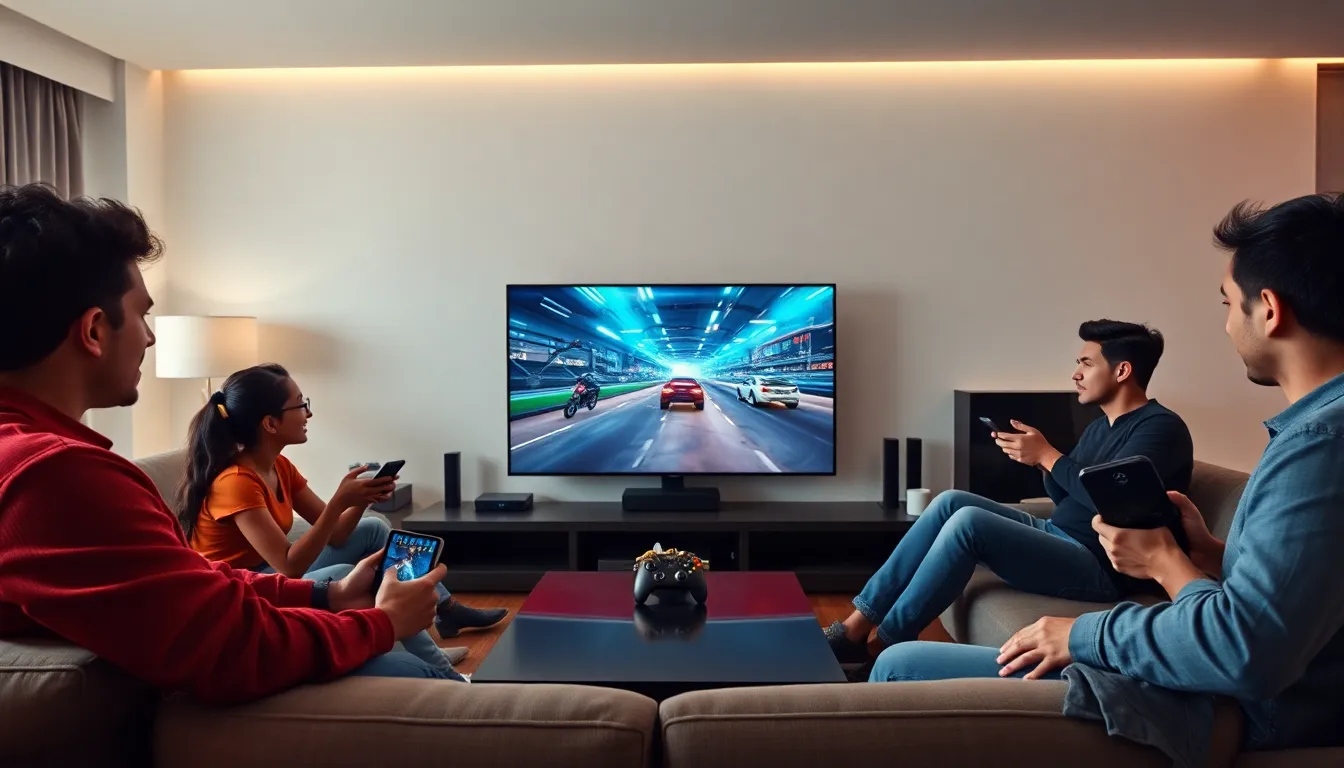 diverse group enjoying Xbox Cloud Gaming in a modern living room.