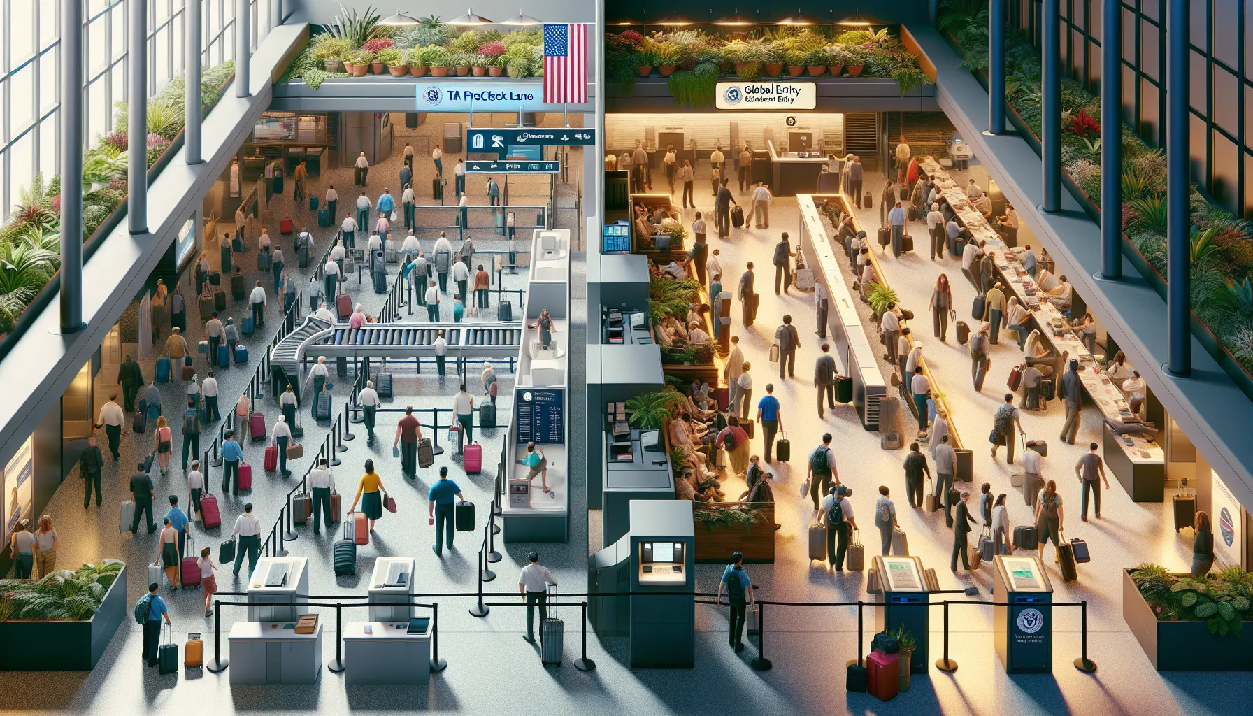 A comparison of TSA PreCheck and Global Entry service areas in an airport.