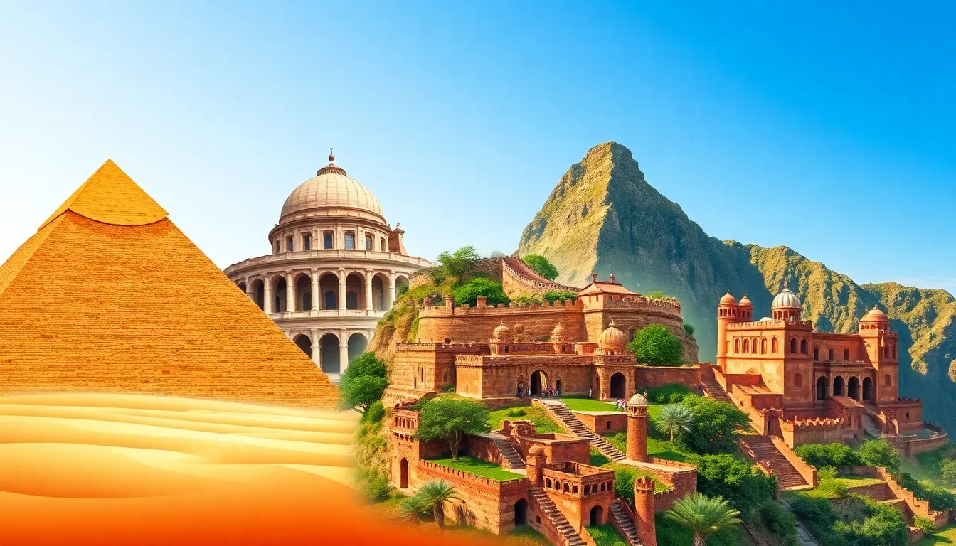 iconic world wonders including the Great Pyramid and Taj Mahal.
