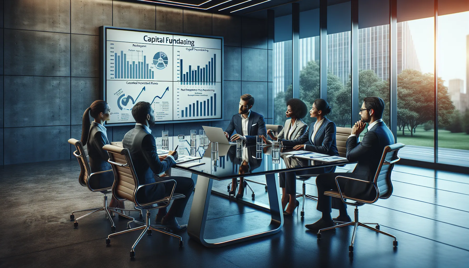 diverse finance team discussing fundraising strategies in a modern office.