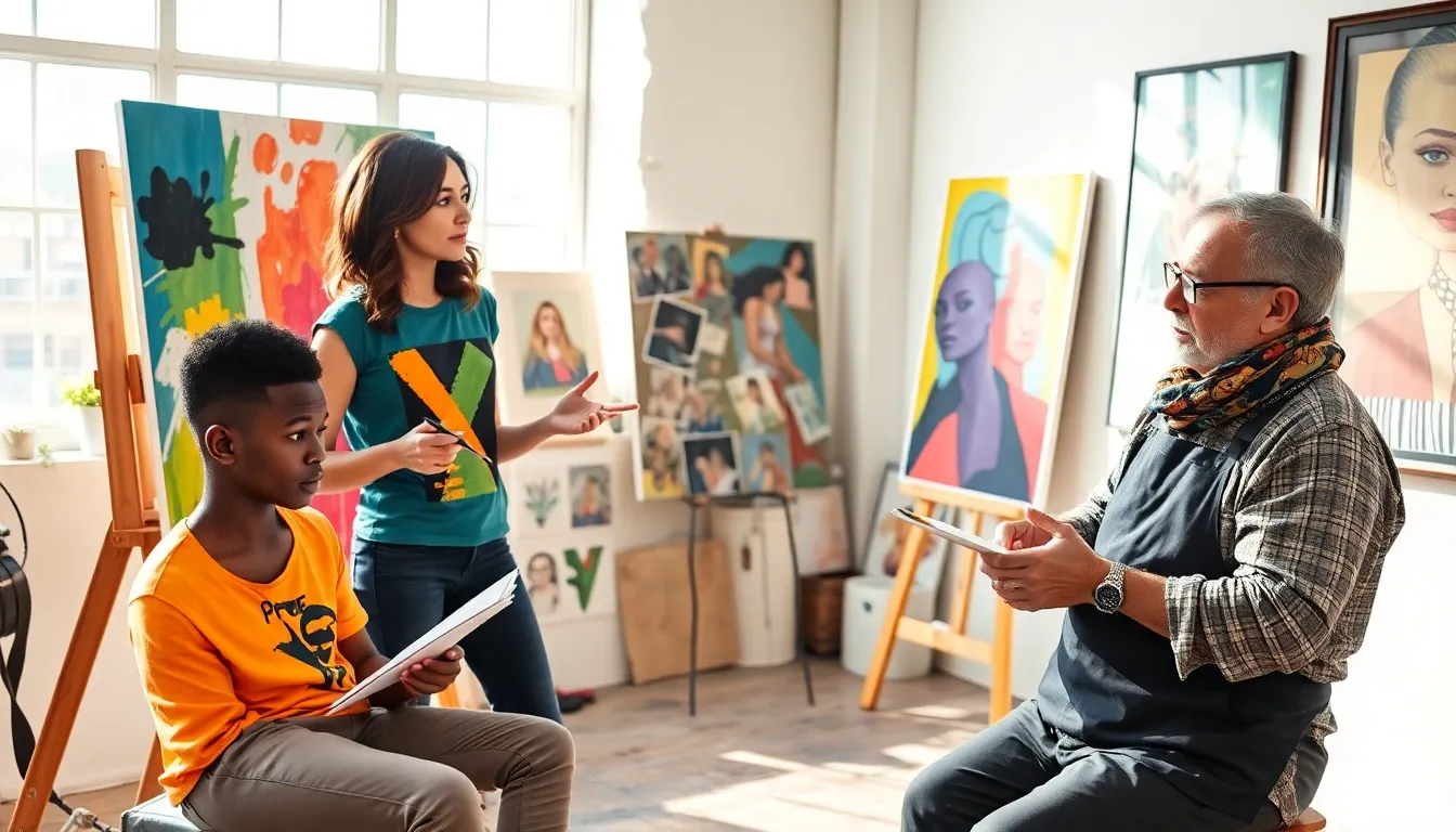 three artists discussing contemporary art in a sunlit studio.