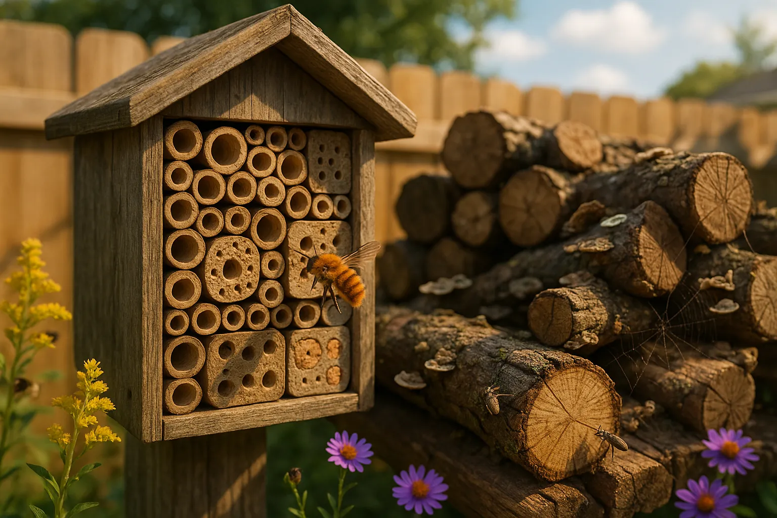 A bee hotel in foreground and a mossy log pile with fungi behind it.