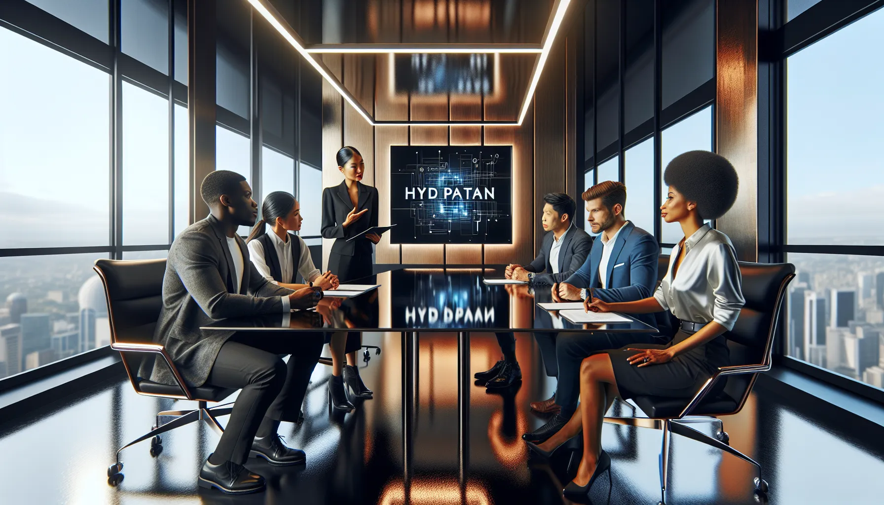 diverse professionals discussing the concept of Hydpatan in a modern office.