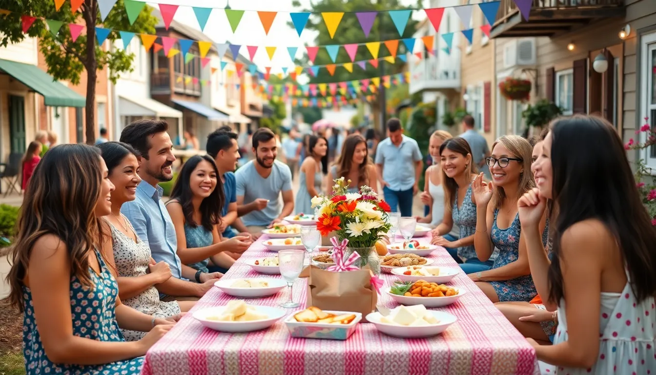 community gathering with potluck food and homemade decorations.