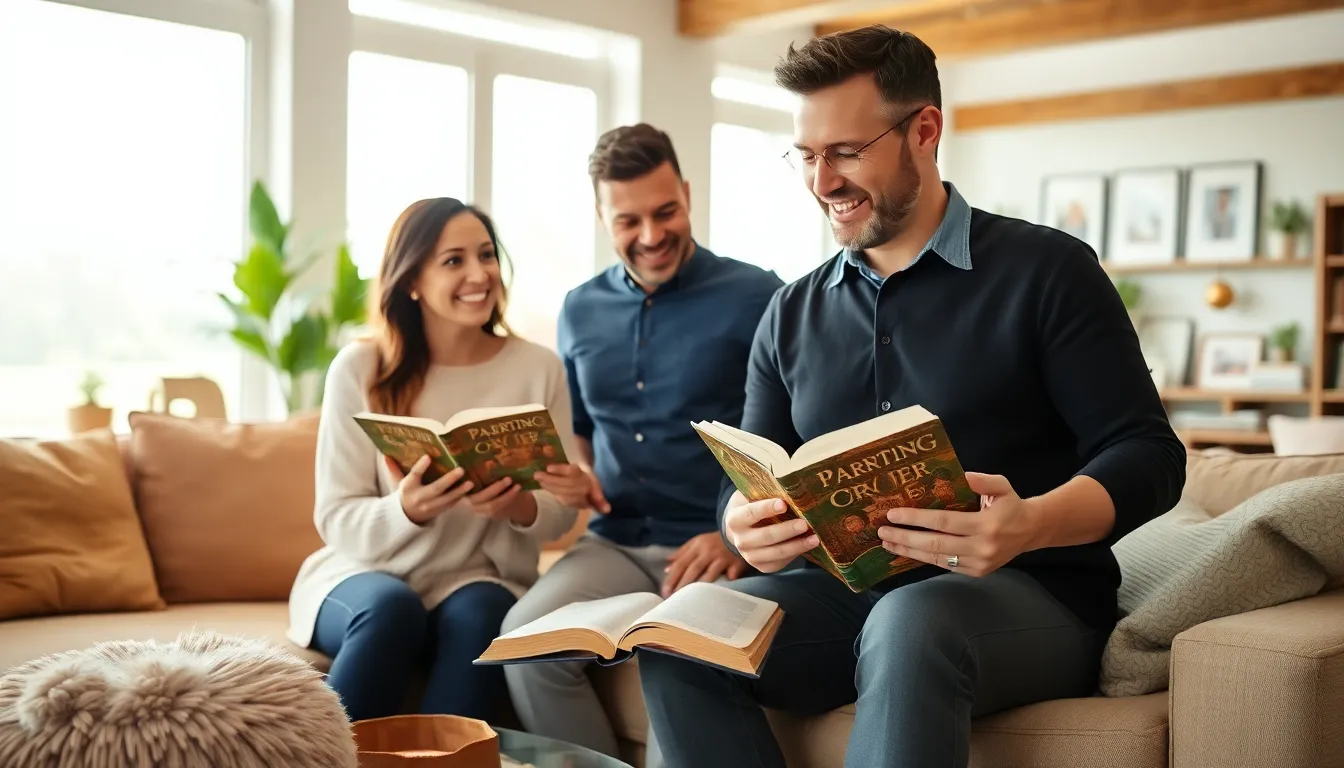 diverse parents discussing biblical guidance in a cozy living room.
