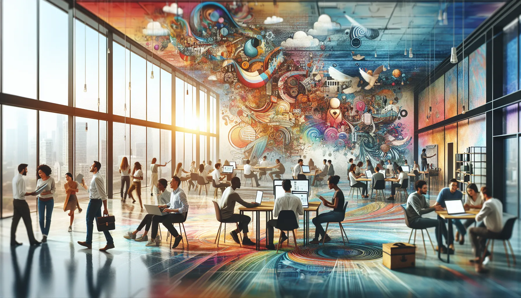 diverse group collaborating in a creative modern workspace.