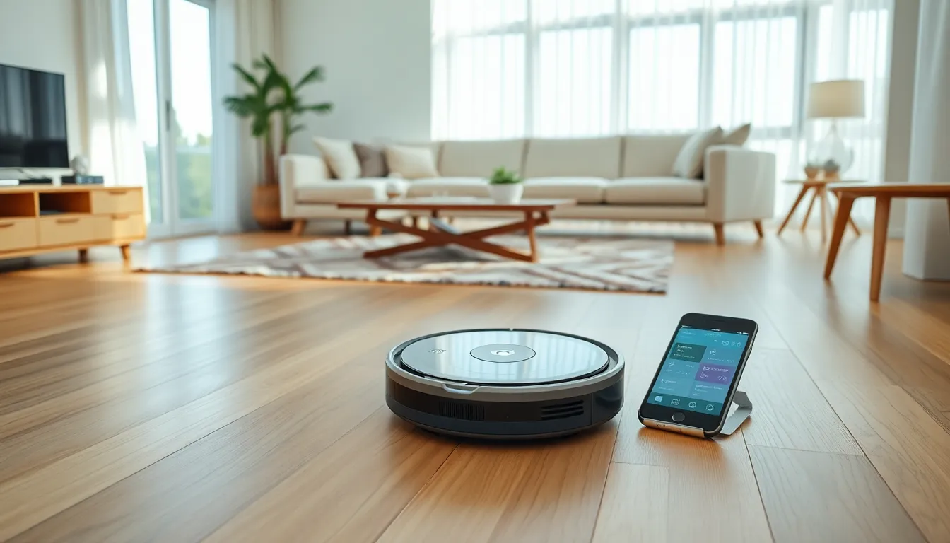 robotic vacuum cleaning in a modern living room with smartphone app.