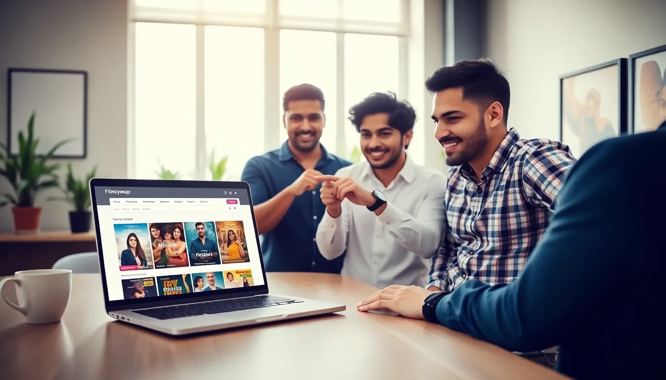 diverse team discussing Bollywood movies on a laptop in a modern office.