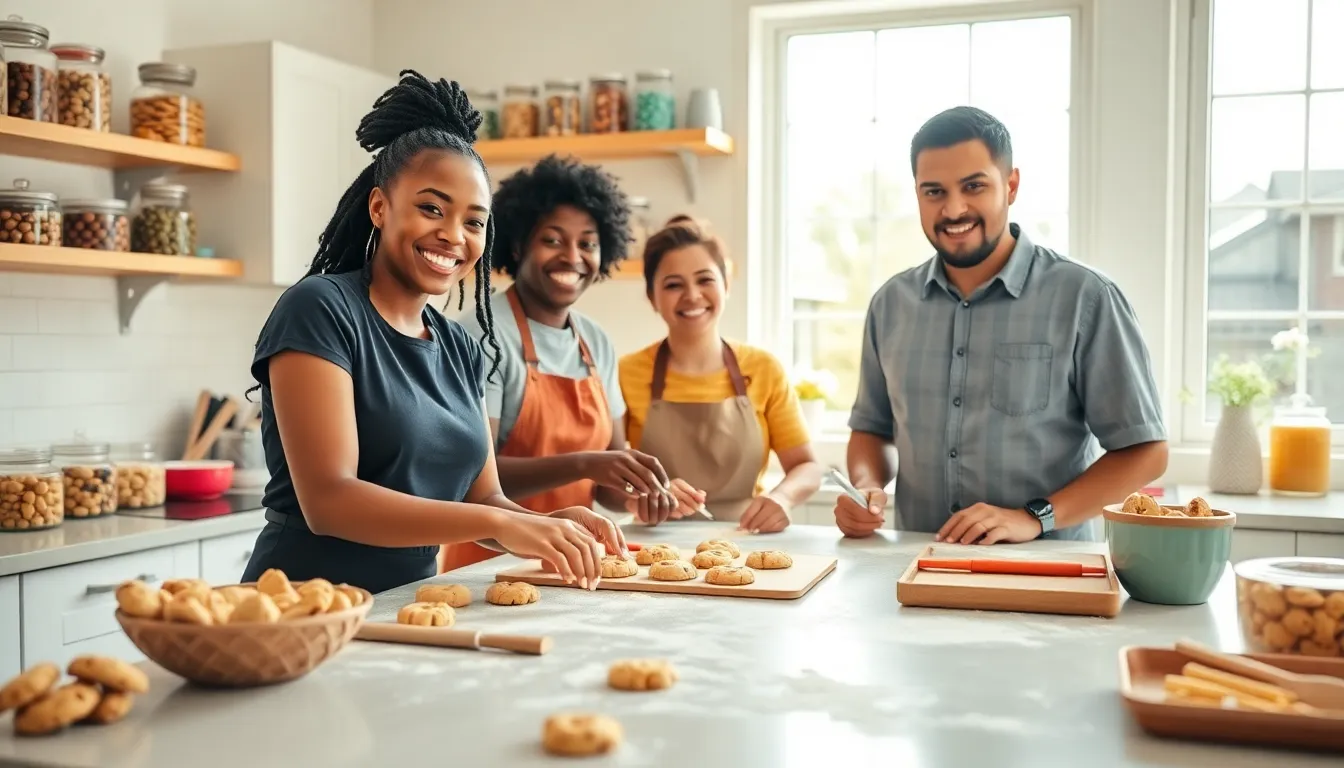 diverse team baking cookies in a modern kitchen.