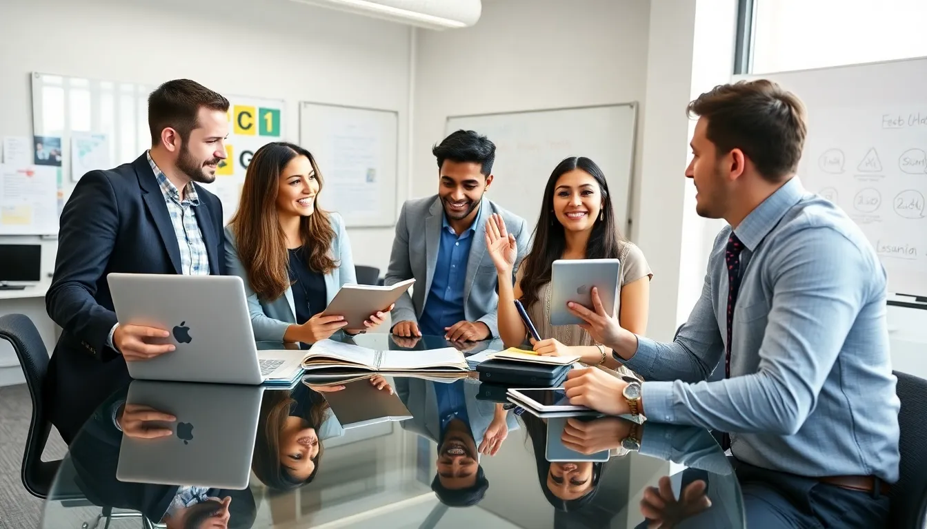 diverse group collaborating on lesson plans in a modern classroom setting.