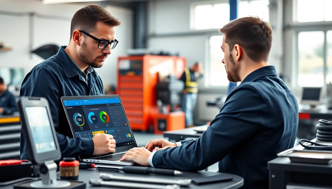 Automotive technician using Xtool software in a modern workshop.