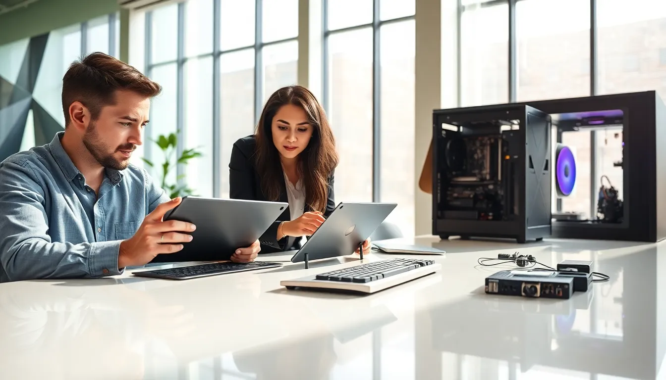 professionals collaborating around modern hardware devices in a bright office.