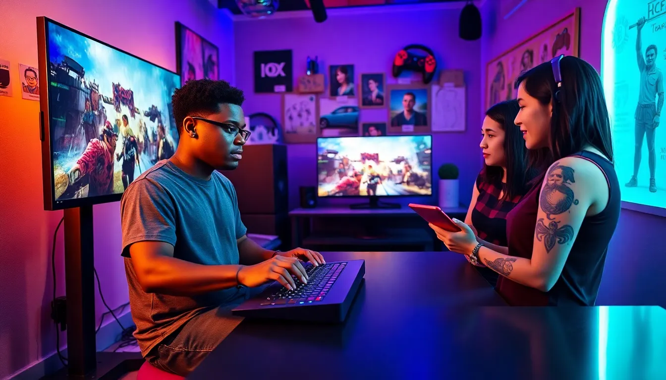 A diverse group of young adults collaborating in a vibrant gaming studio.