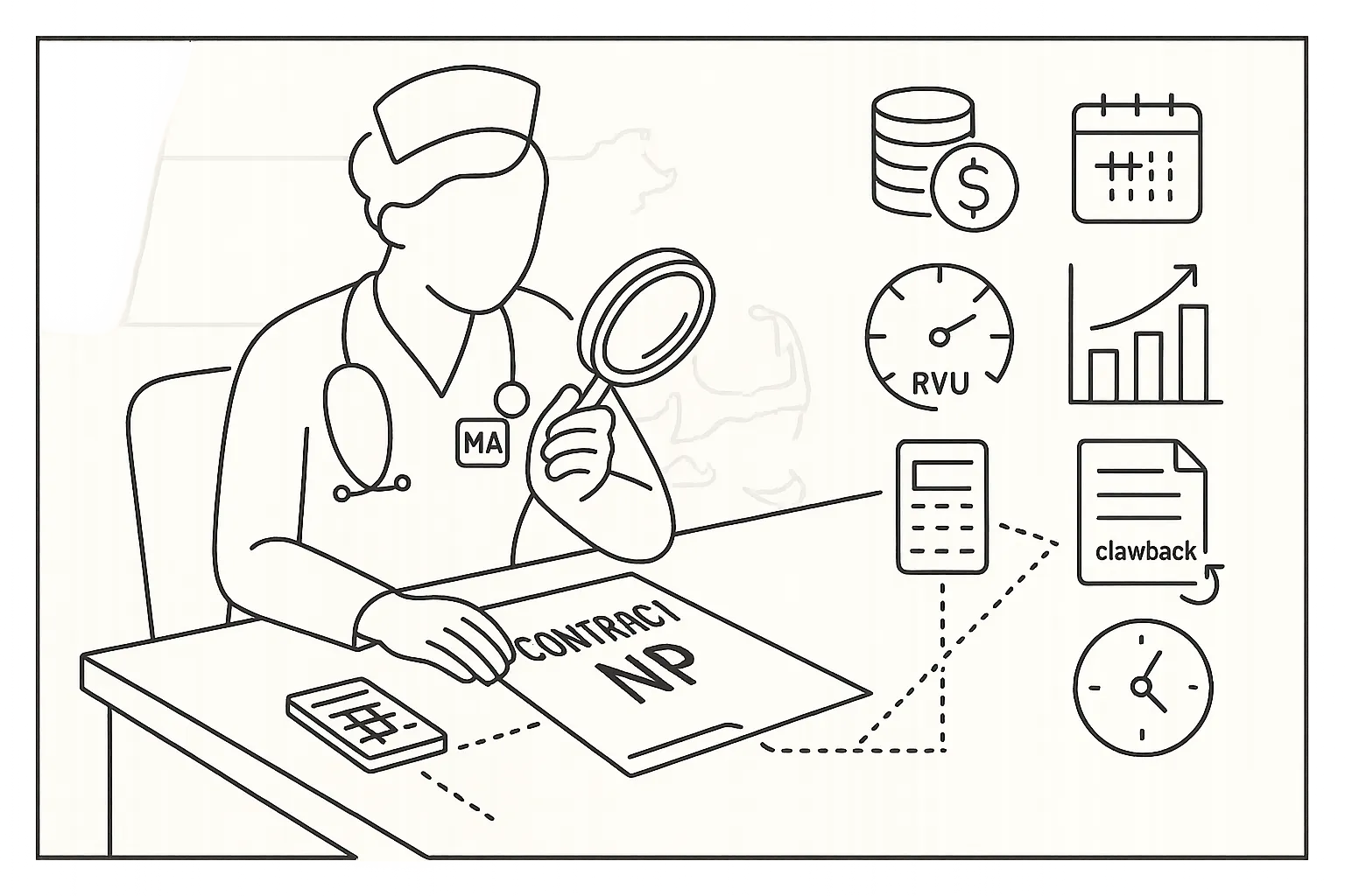 Nurse practitioner examining a contract with financial icons and Massachusetts outline.