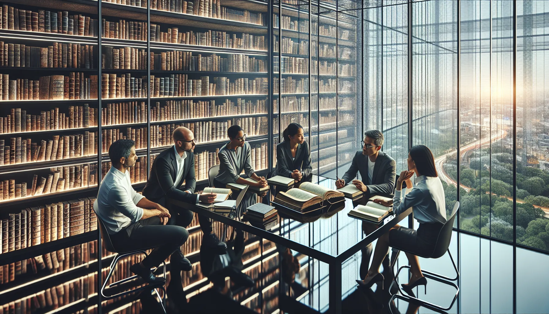 diverse team discussing historical linguistics in a modern conference room.