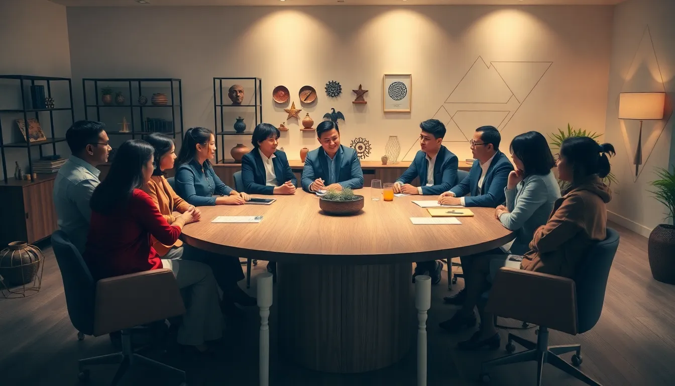 Diverse professionals discussing community connections in a modern office.